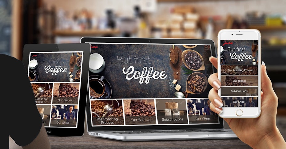 colorful coffee website on a PC, tablet and phone