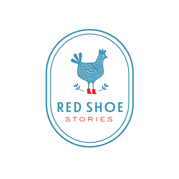 blue logo of a hen wearing red shoes