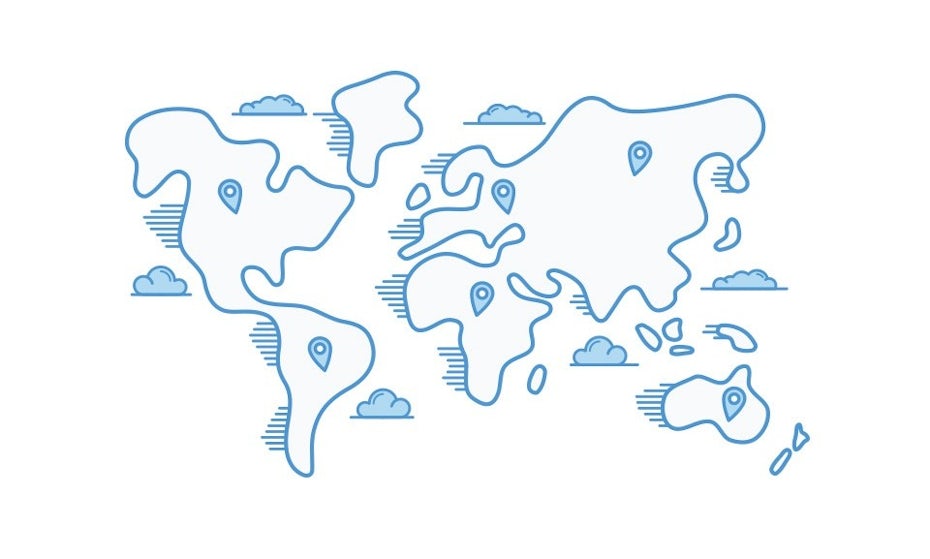 blue illustrated map of the world with markers in various cities