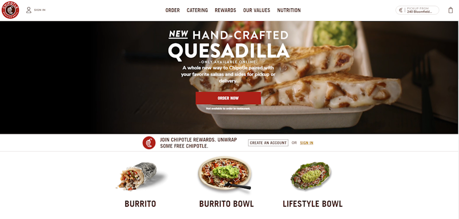 Captura de pantalla del sitio web de Chipotle