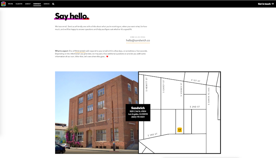 contact page of sandwich showing their address with a map and a photograph of the building