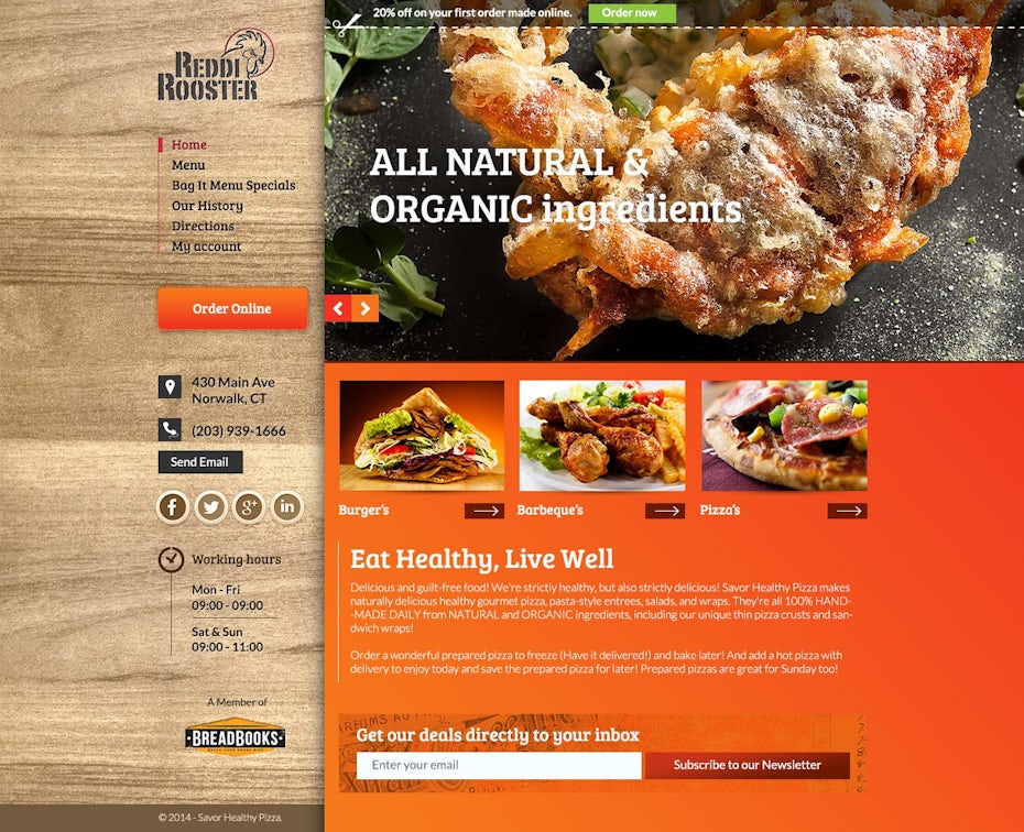 orange and wood-toned website for a chicken restaurant