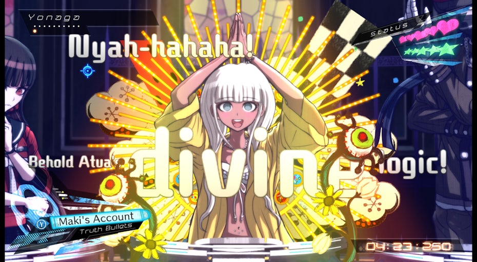 Danganronpa character during a trial with various text on screen