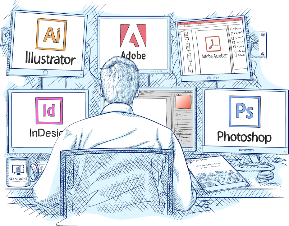Sketch-style illustration of a designer working at multiple computers