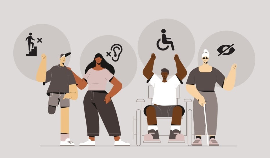 illustration of people with disabilities and inclusive symbols