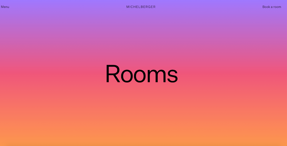 Beispiel einer Hotelwebsite mit minimaler Fotografie und Überschuss in leuchtenden Farben