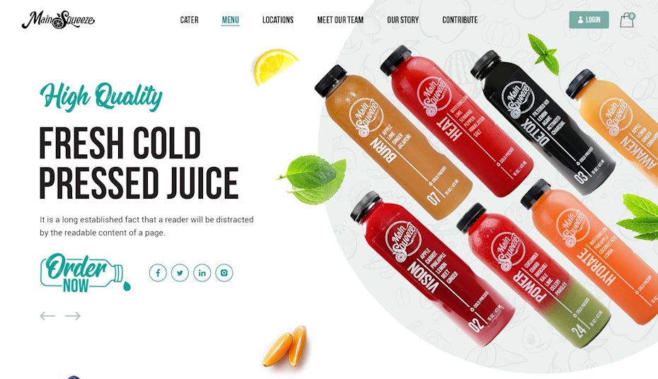Homepage web design for cold pressed juice