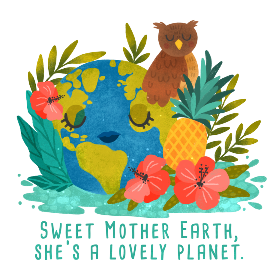 Ilustración de un búho, con el planeta Tierra y plantas.