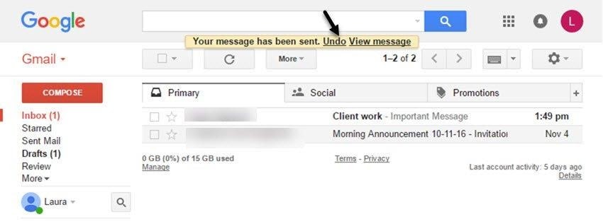 Highlight on the undo option in Gmail
