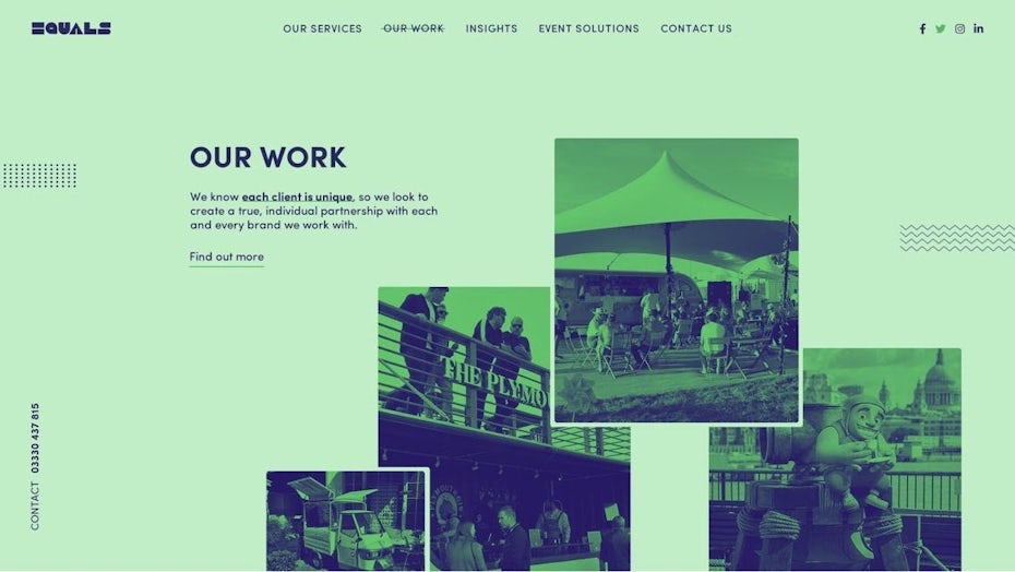 creative website example with mint green background with dark blue text on top
