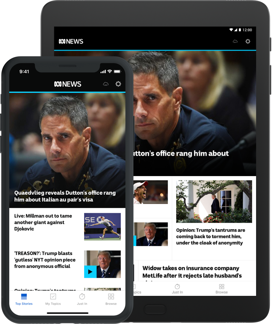 Móvil y tableta que muestran una interfaz de la aplicación ABC News