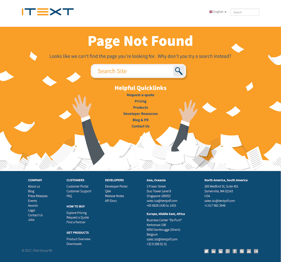 error page with helpful links to other parts of the website