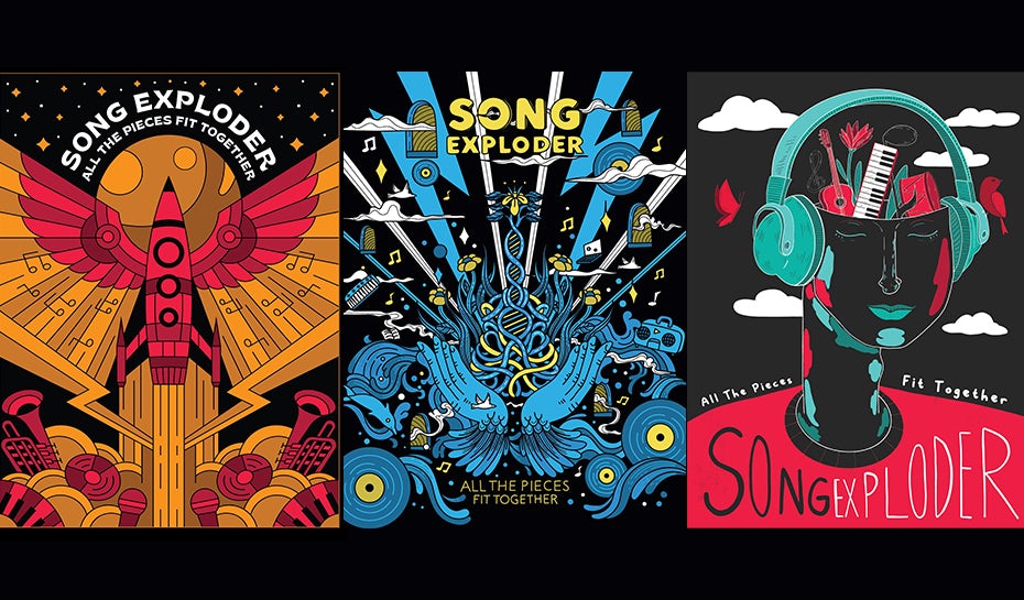 colorful illustrated posters for Song Exploder by Skilline, Eliza Osmo and Jen Se