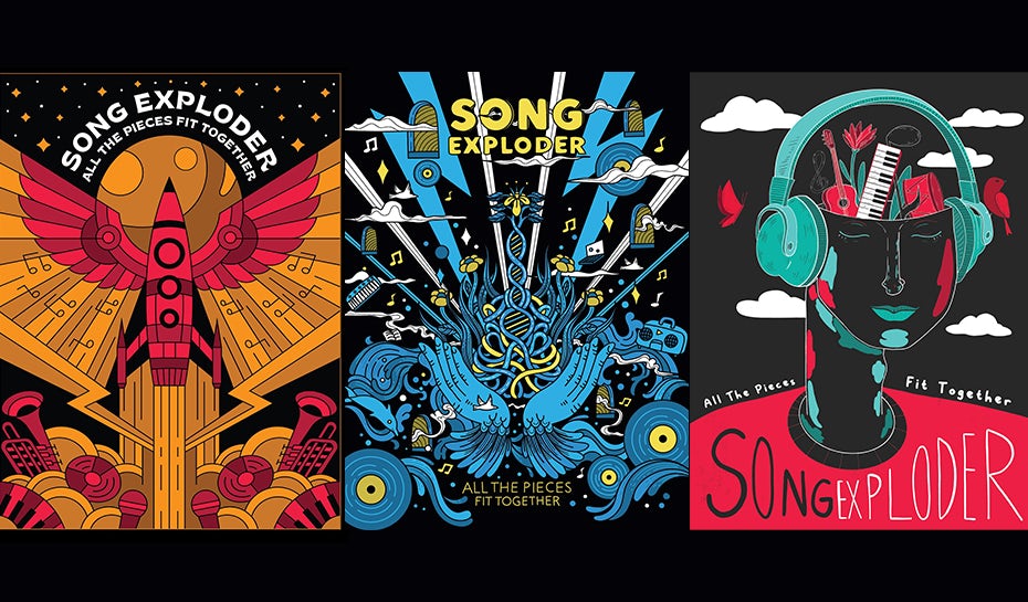 Skilline、Eliza Osmo和Jen Se为《Song Exploder》制作的彩色插图海报