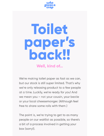 an announcement that toilet papers from Who Gives  A Crap are back in stock