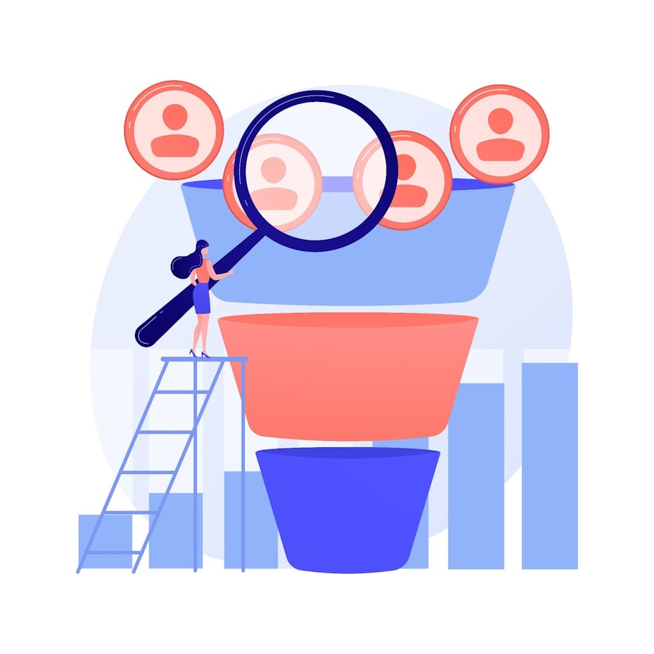 a woman stands on top of a ladder while holding a large magnifying glass over a giant funnel in shades of blue and red