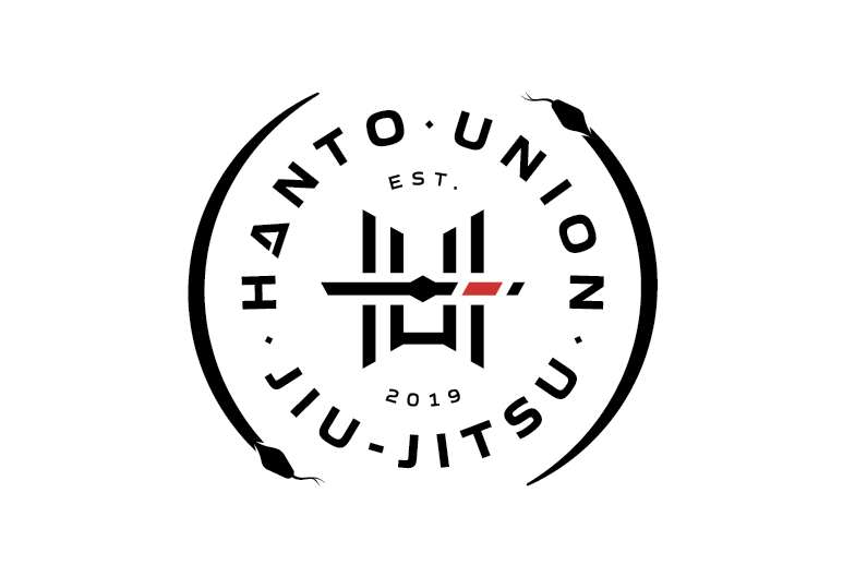 abstract black, white and red logo depicting a sword
