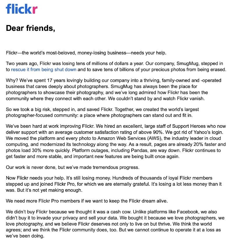 L'appel à l'aide du PDG de Flickr envoyé dans une newsletter