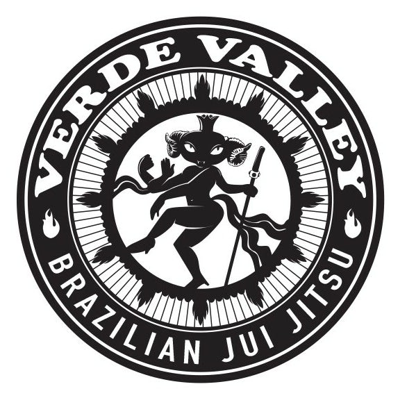 black and white round logo with a calm character in the middle