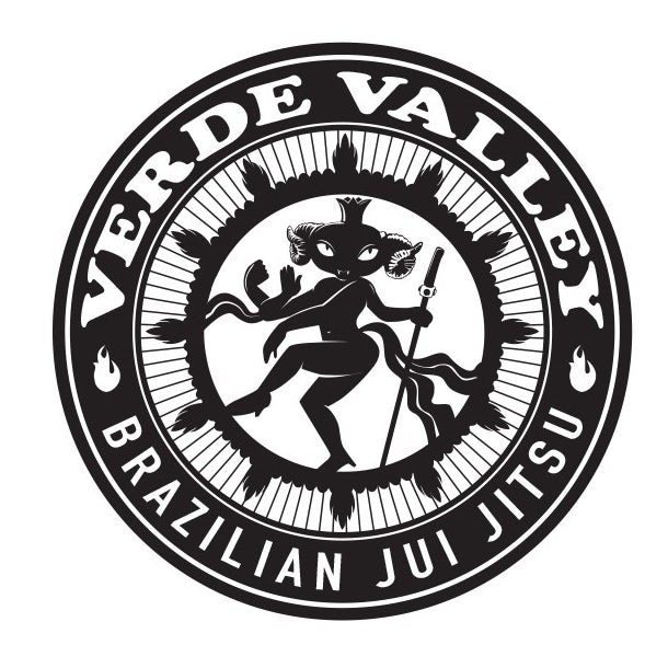 black and white round logo with a calm character in the middle