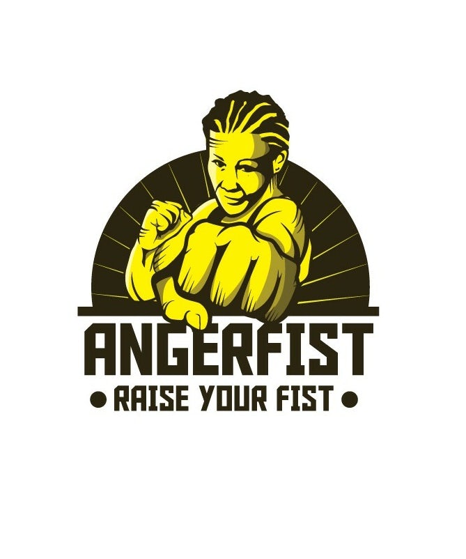neon yellow and black logo of a woman punching