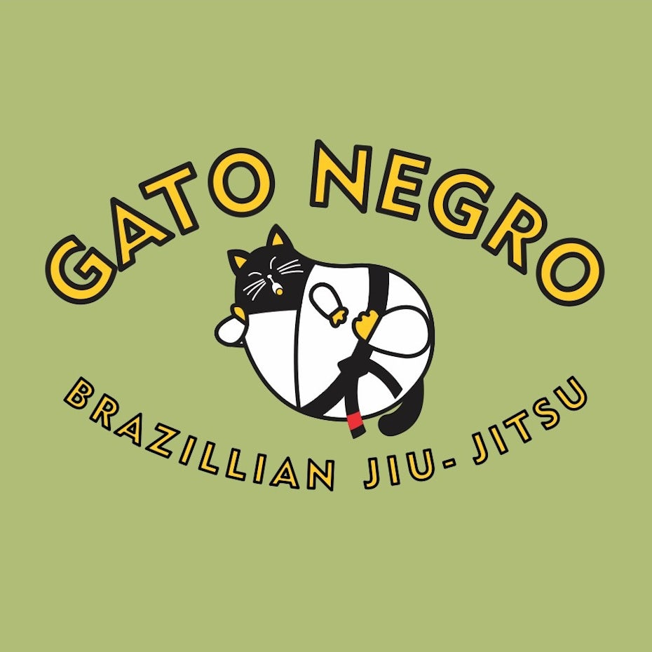 logo showing a fat, yawning black cat in a karate uniform