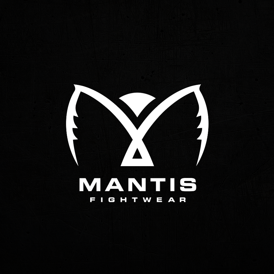 white logo depicting an abstract mantis against a black background
