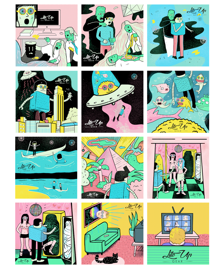 colorful comic showing people, aliens and various spaces