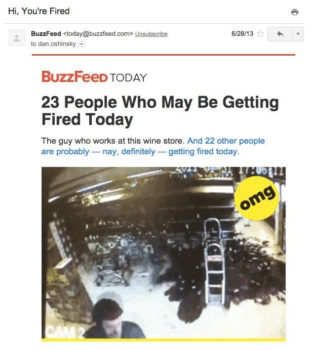 A screenshot of Buzzfeed’s email marketing newsletter entitled 23 People Who May Be Getting Fired Today
