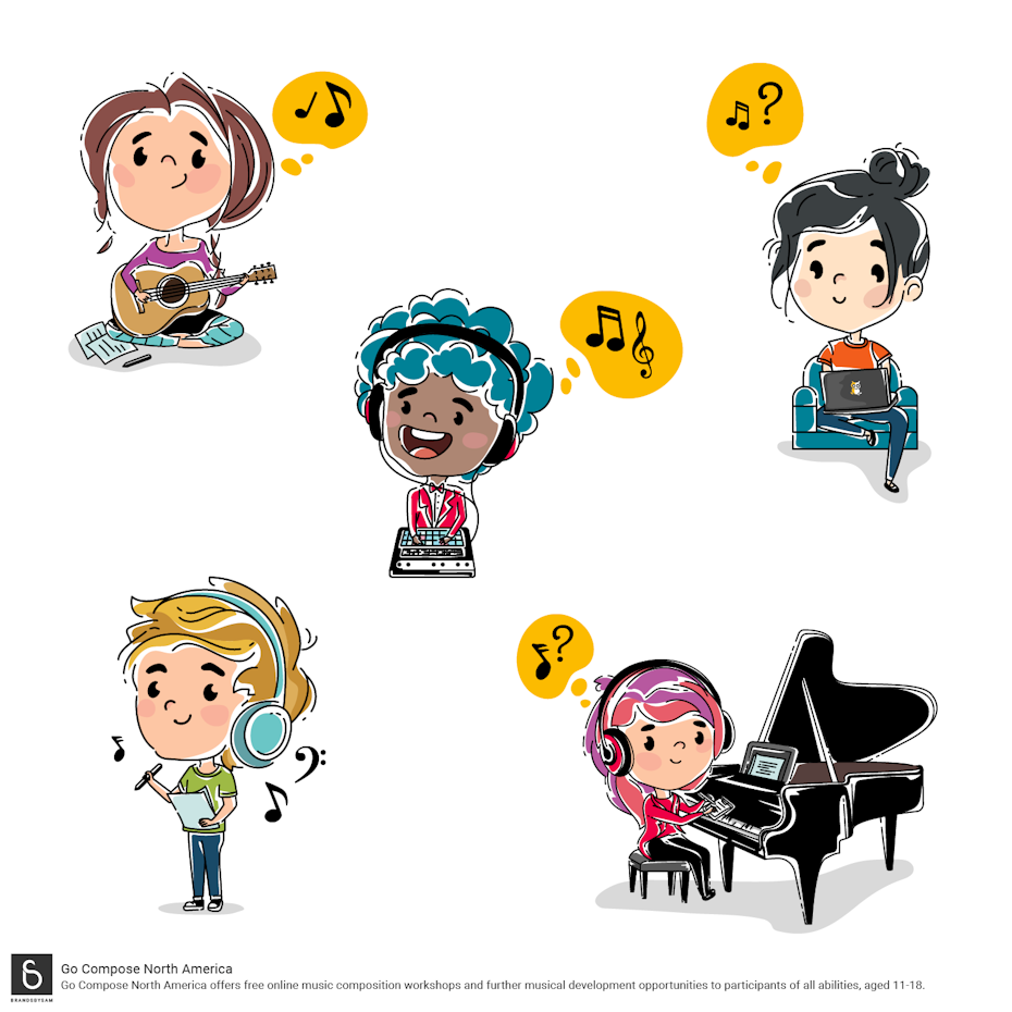 Ilustración de diferentes personajes practicando música de diferentes maneras para representar personajes de marca