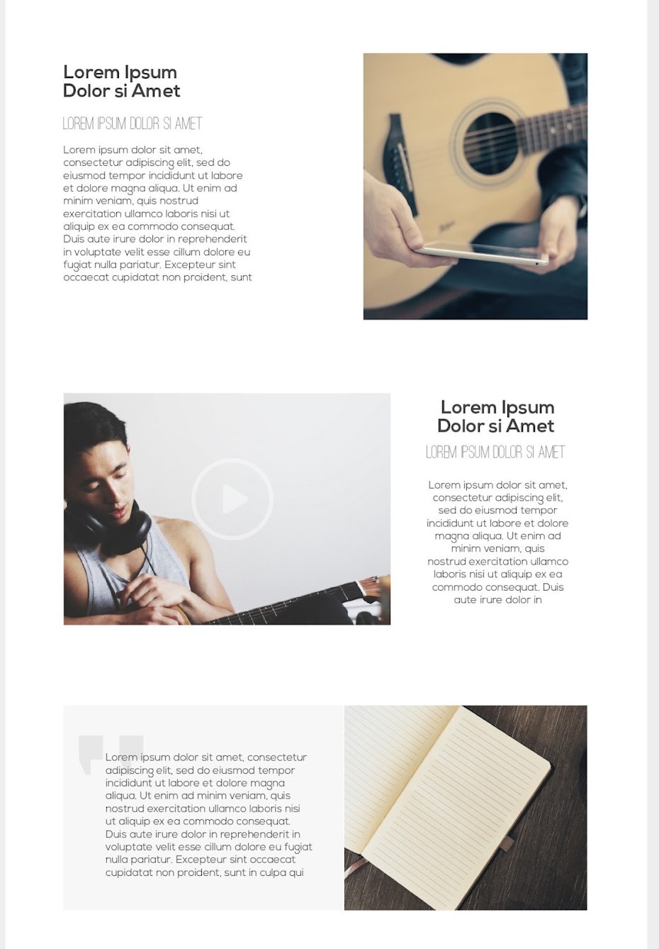Design d'email avec trois images distinctes d'une guitare, d'un homme portant des écouteurs tout en tenant une guitare et d'un cahier ouvert