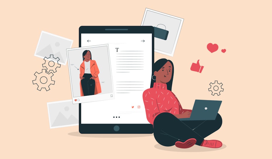 Illustration einer Bloggerin, die an einem Laptop arbeitet, um ihre Website zu erstellen