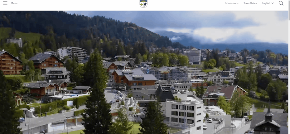 Landing page of a boarding school in switzerland that has video with supporting text