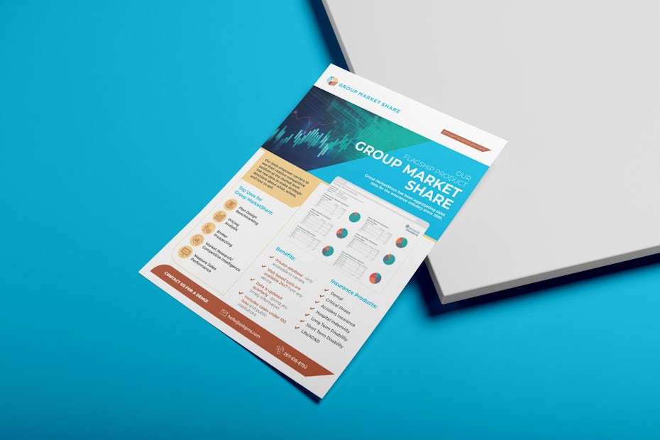 a flyer showing a report on group market share on a blue and grey background