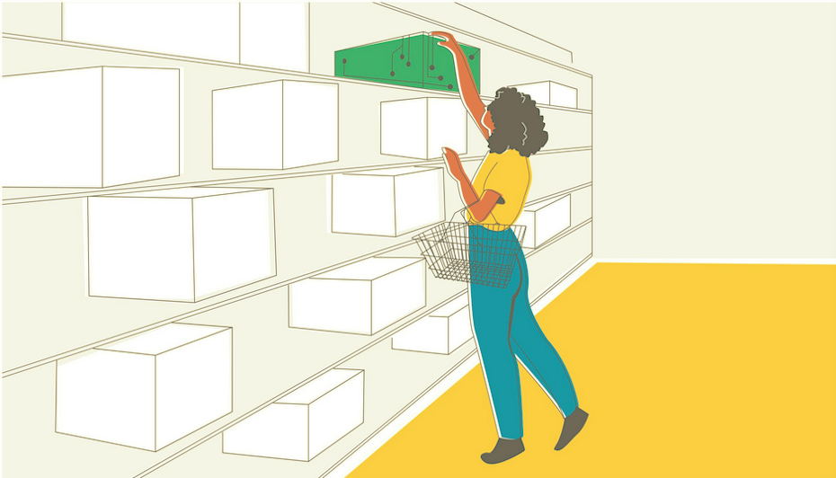 Illustration einer Frau beim Einkaufen, die nach einem Produkt im obersten Regal greift