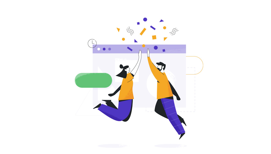 two cartoon people jumping and high-fiving in front of a calendar
