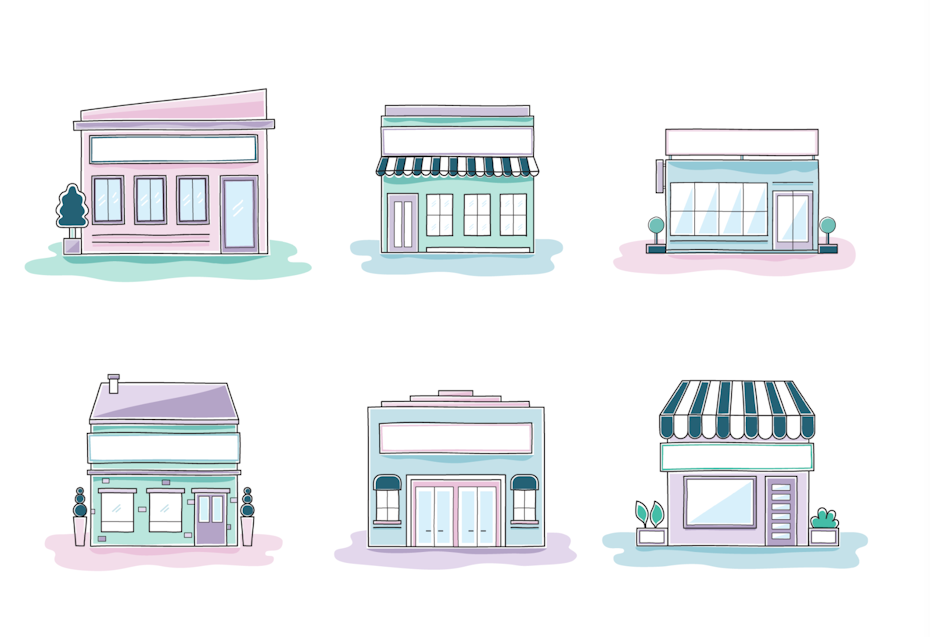 six illustrations of different store fronts