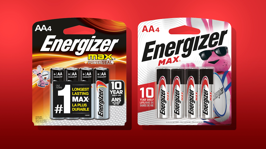 there are two packs of energizer. The package on the right shows the old design with black and copper colors, while the left package shows the new design with bigger bunny and white background