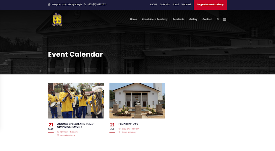 School website showing school events