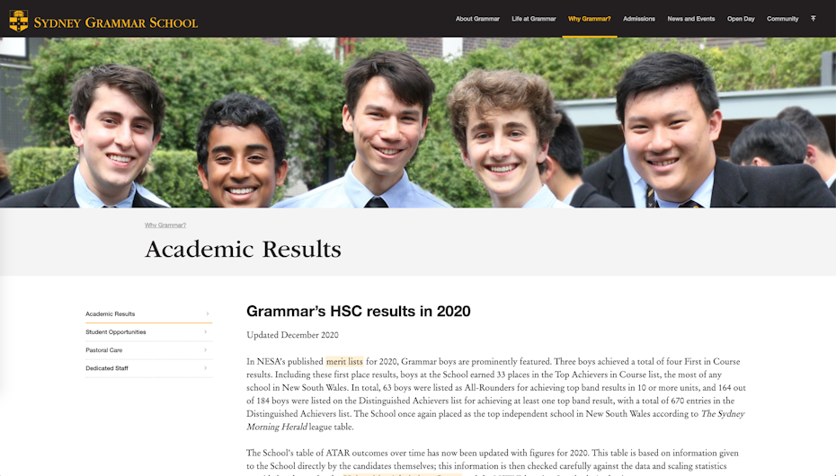 webpage showing academic results page with photo of students on top