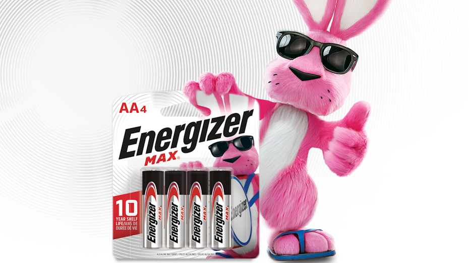 a large pink rabbit wearing a pair of shades and blue flip flops gives a thumbs up as it holds a pack of Energizer batteries