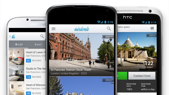 three smartphones show the old look of Airbnb’s app