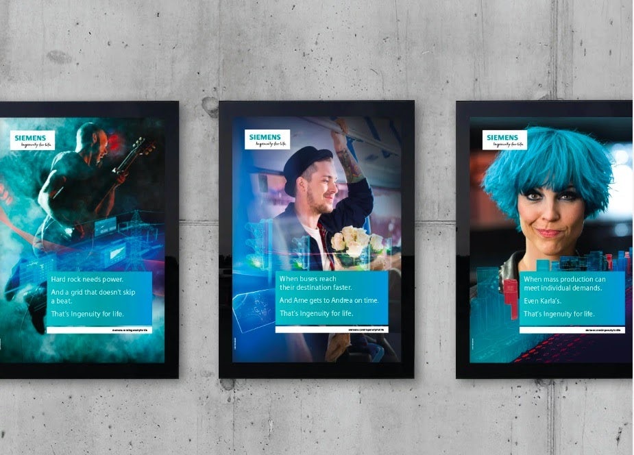 three different posters of a man playing a guitar, another man holding white roses while riding a train, and a woman with electric blue hair