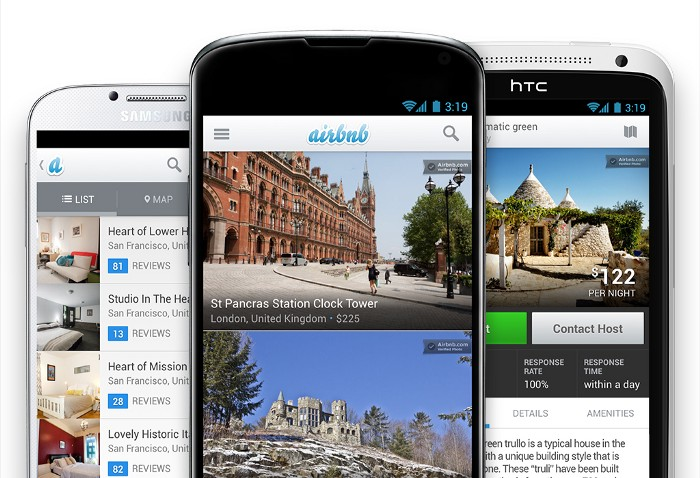 three smartphones show the old look of Airbnb’s app