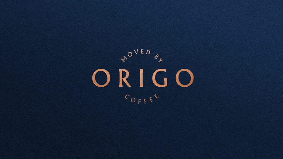 the new Origo logo in amber gold with a blue background