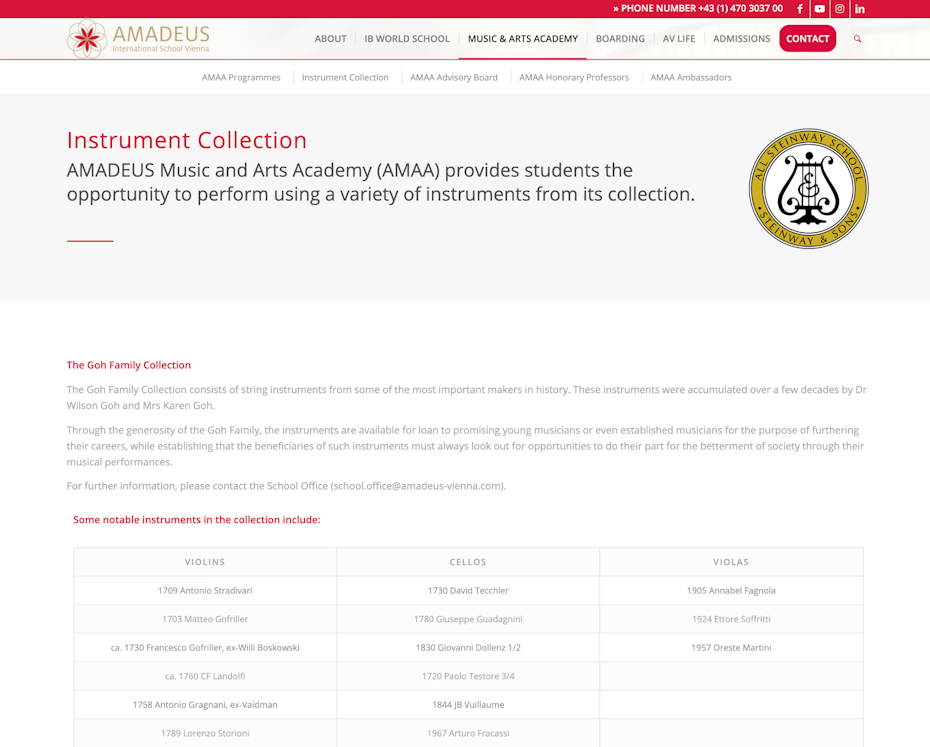 Instrument Collection of school showing different types of violins, cellos and violas available