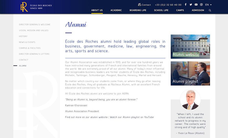 Alumni page of a school containing links of their alumni website, playlist and information