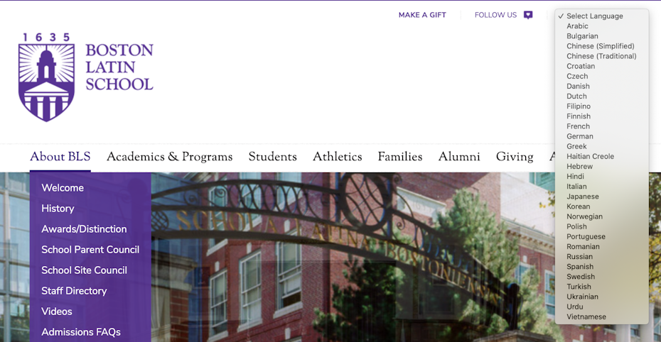 School website that shows multiple language options