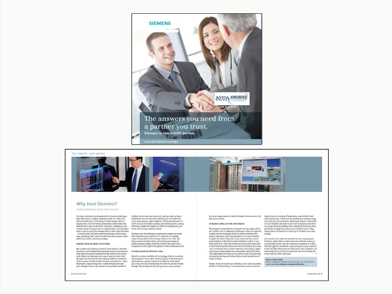 two men shakes hands as a woman smiles at the side, at the bottom of the image is an open page of a brochure