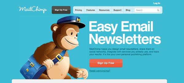 L'ancien site web de Mailchimp avec Freddie le singe